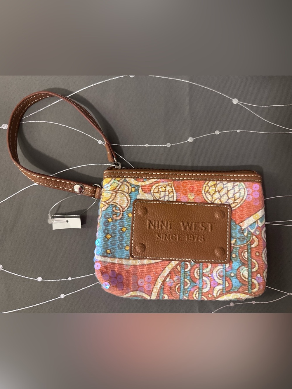 Nine West Brown Leather-Trim Wristlet Multicolor with Iridescent Sequins